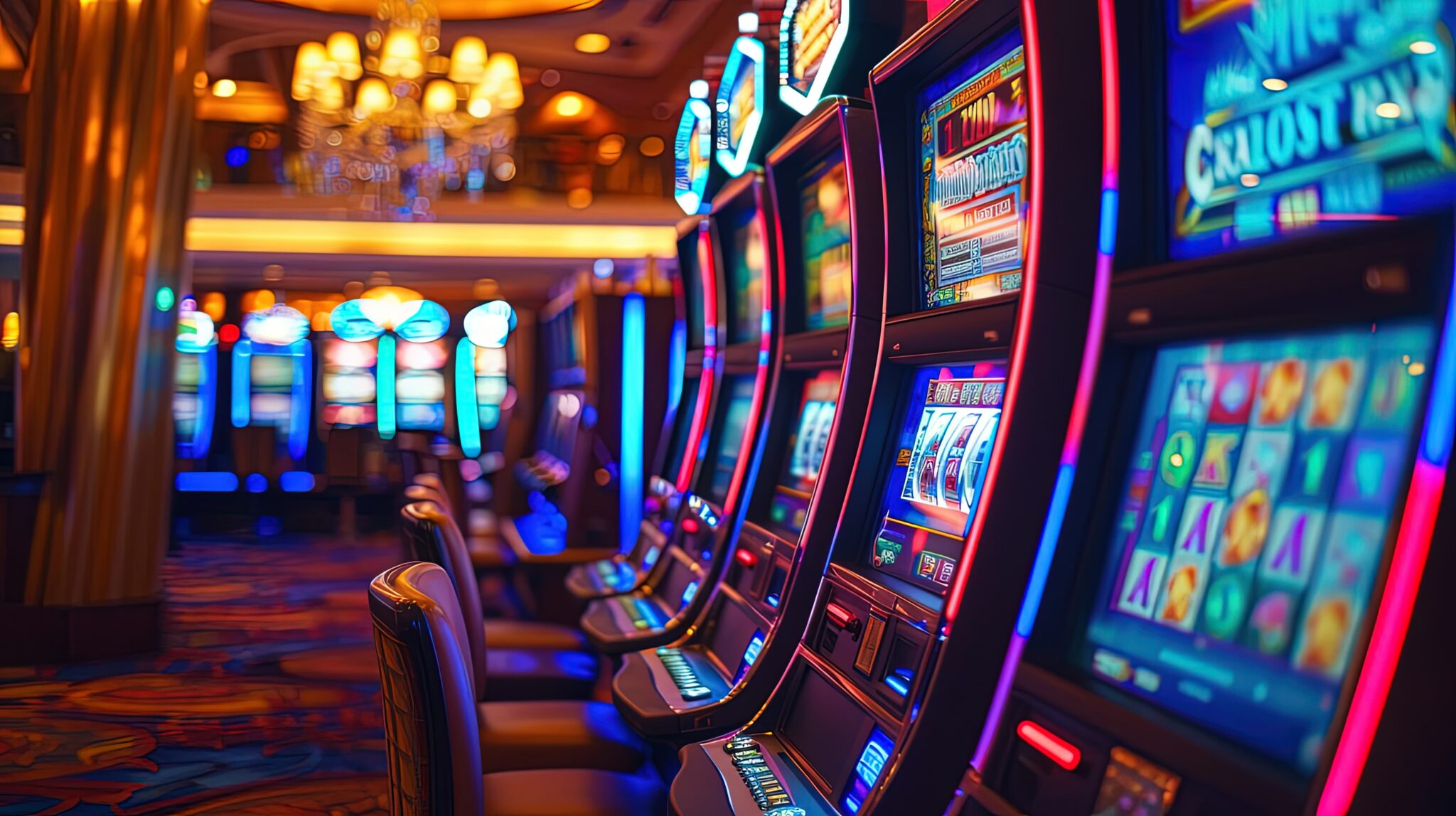 Row of illuminated gaming machines in a luxurious, colorful lounge with plush seating and warm lighting.